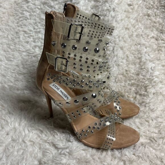 Steve Madden Moto Multi Straps Stud clear ankle strap sandals back zipper SZ8.5M - Picture 2 of 9